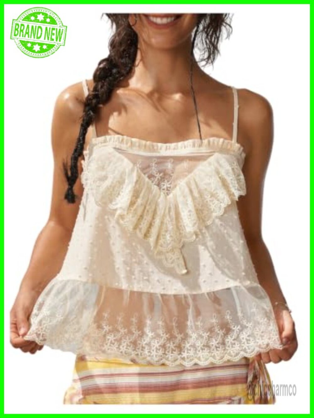 Lace Camisole Top Frill Jacquard Sheer Ruffle Boho Spaghetti Strap